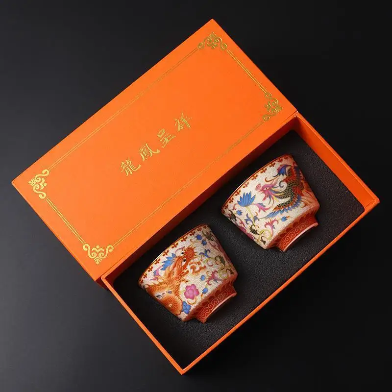 Chinese Vintage Enamel Colored Tea Cup Master Cup Single Cup Dragon Phoenix Pair Kung Fu Tea Set