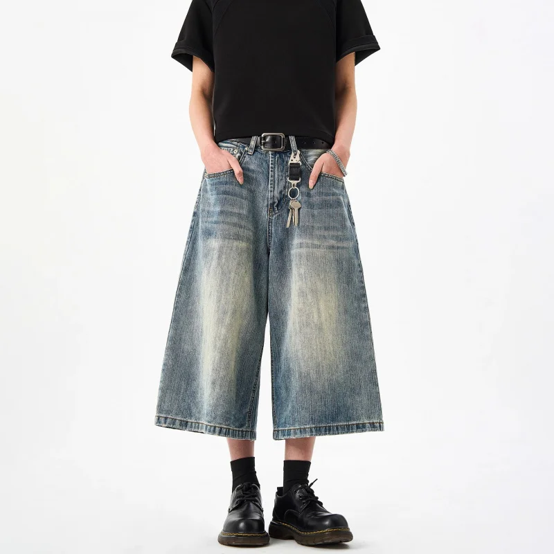 

American Retro Washed Pattern Distressed Jeans Loose Shorts Men Summer Wide-Leg Casual Straight Cropped Pants