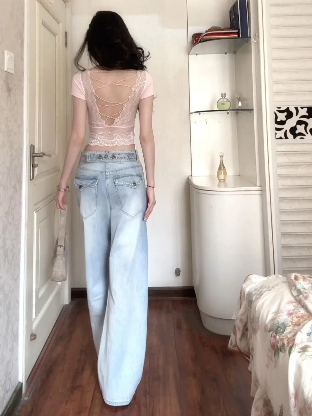

American Washed Light Blue Paris Button Straight Leg Jeans Women Summer Design Loose Slim Wide Leg Floor-Length Pants