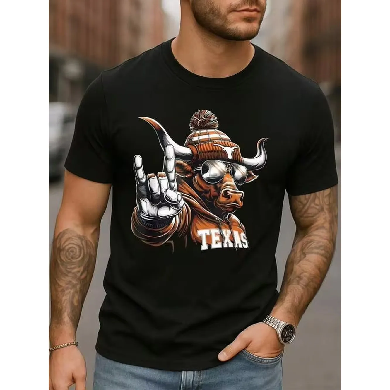 Men's 100 Percent Cotton Unisex Graphic T-Shirt - Anthropomorphic Texas Longhorn Rock Gesture Design - Ideal For Texas Culture Fans, Fun Wear Enthusia