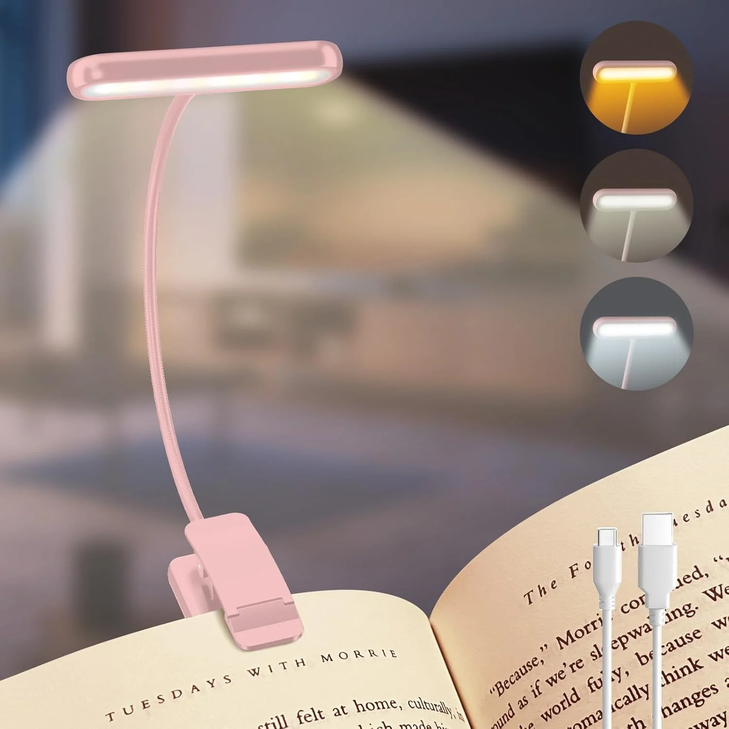Pink Book Light 3Colors USB Rechargeable Reading Light Warm Cool White Daylight Portable Flexible Easy Clip Night Reading Lamp