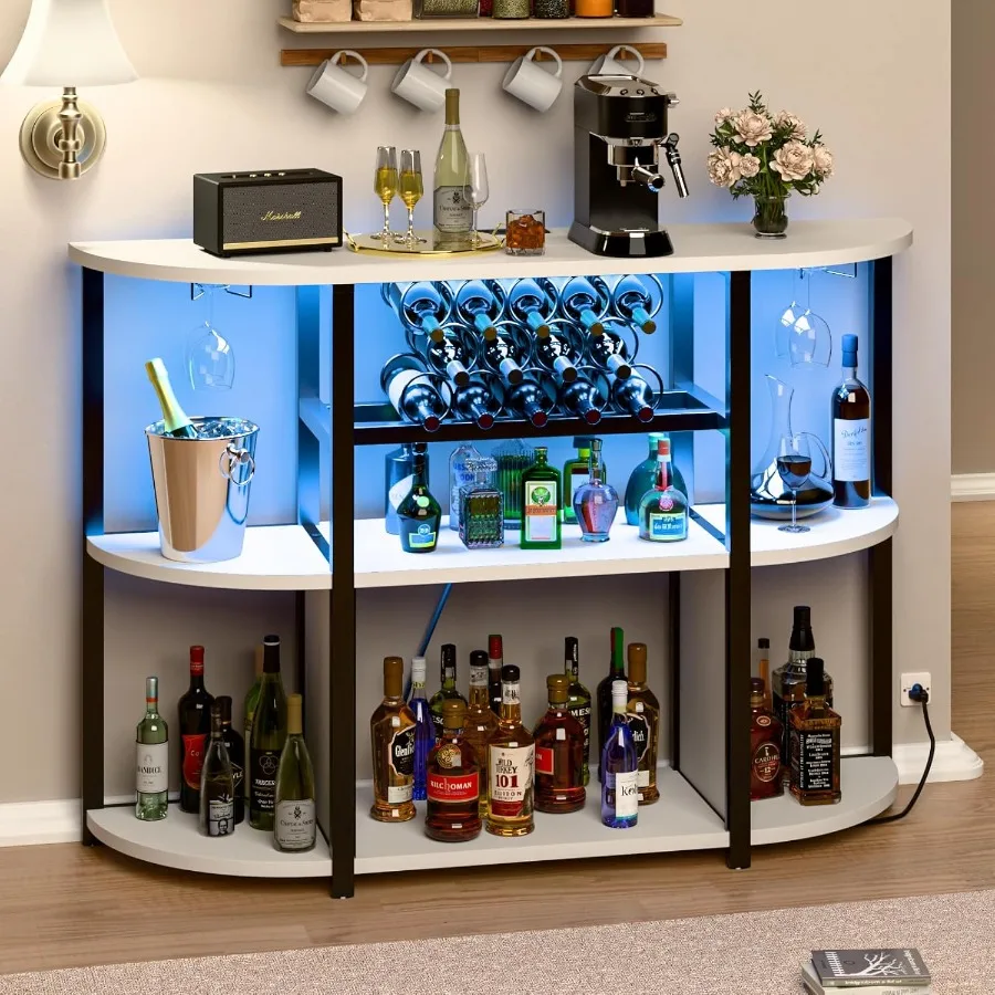 Wijnbarkast met stopcontact en LED-verlichting Thuisbarkasttafel voor sterke drank Vrijstaande wijnrekken met opbergruimte op 4 niveaus