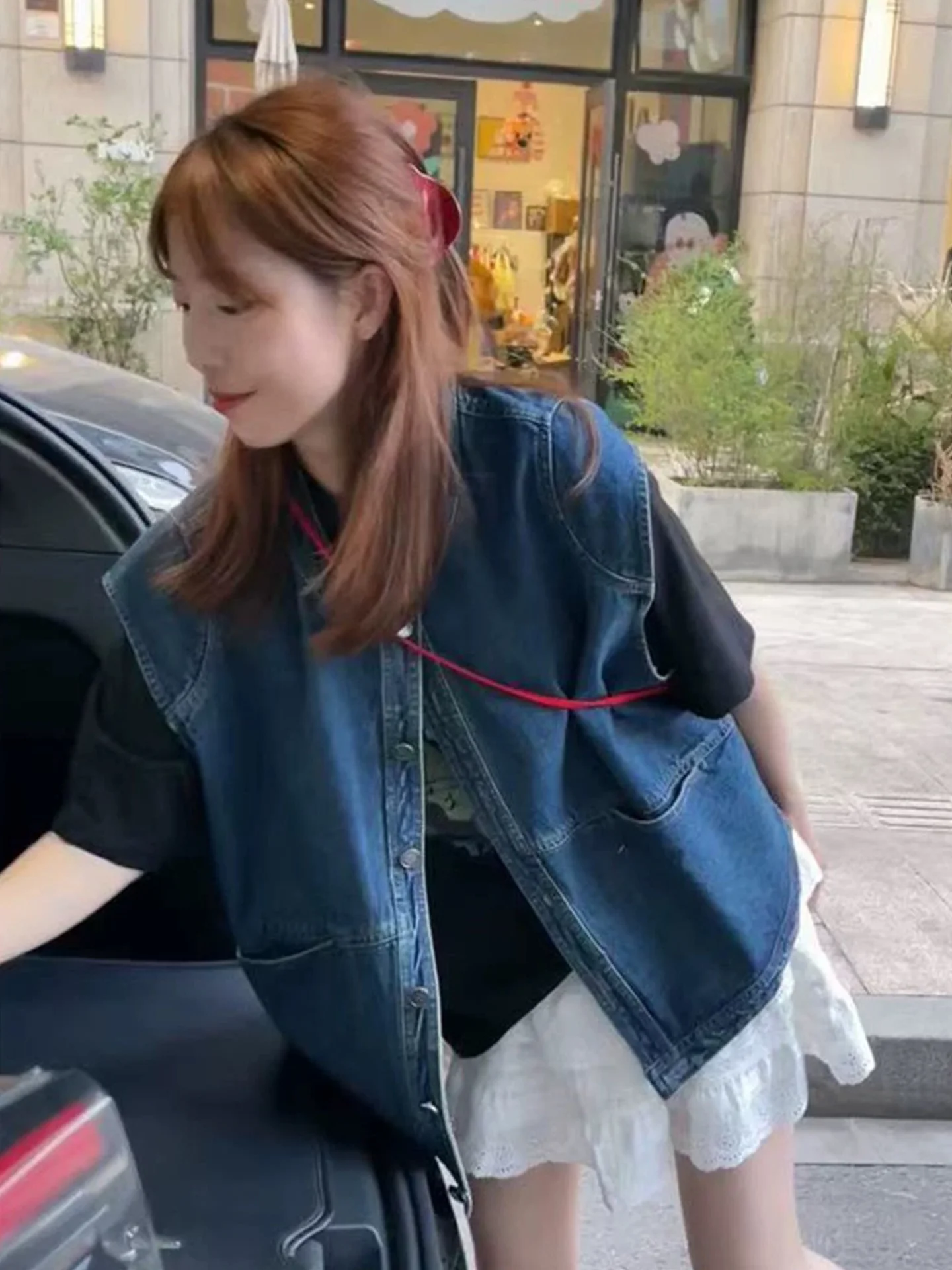 

Джинсовый жилет с разрезом в стиле ретро, свободная посадка, круглая верхняя одежда, модная многослойная женская модная верхняя одежда, джинсовый жилет