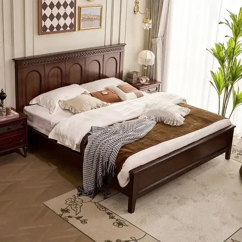 Solid Wood Leather Upholstered Double Platform Bed for Home Master Bedroom，Luxury French Retro Corrugated Headboard Bed