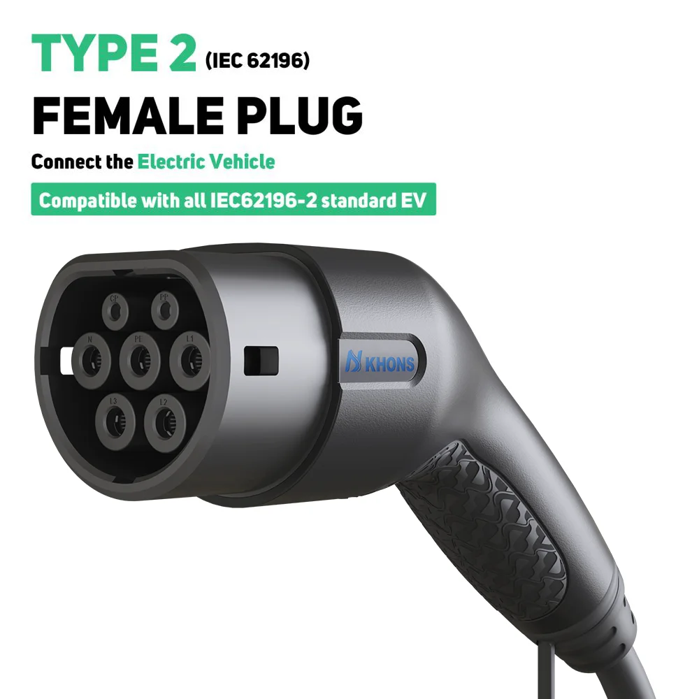 Khons 11KW Type2 To Type2 Ev Charging Cable 16A 3Phase Female To Male Plug IEC62196-2 EVES Charging Stations 5M TPU Cable