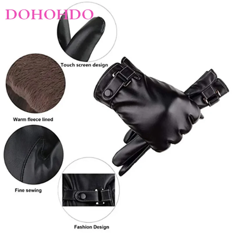 قفازات جلدية سوداء تعمل باللمس للرجال في الخريف والشتاء بالإضافة إلى قفازات ركوب الدراجات النارية من الجلد المقلد المخملي #4