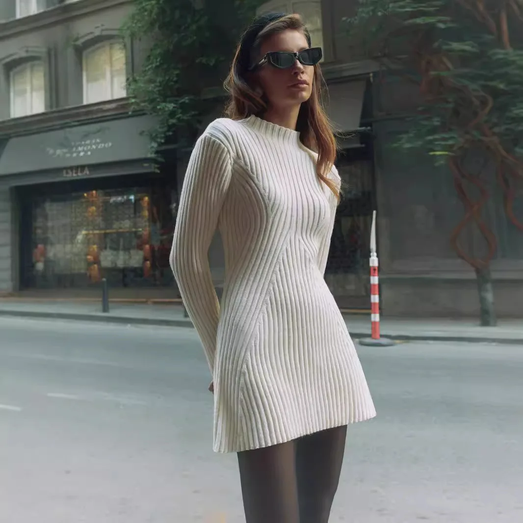 Otoño e Invierno, vestidos de manga larga de punto acanalado para mujer, nueva textura, suéter inferior delgado, vestido, Jersey, Mini vestido