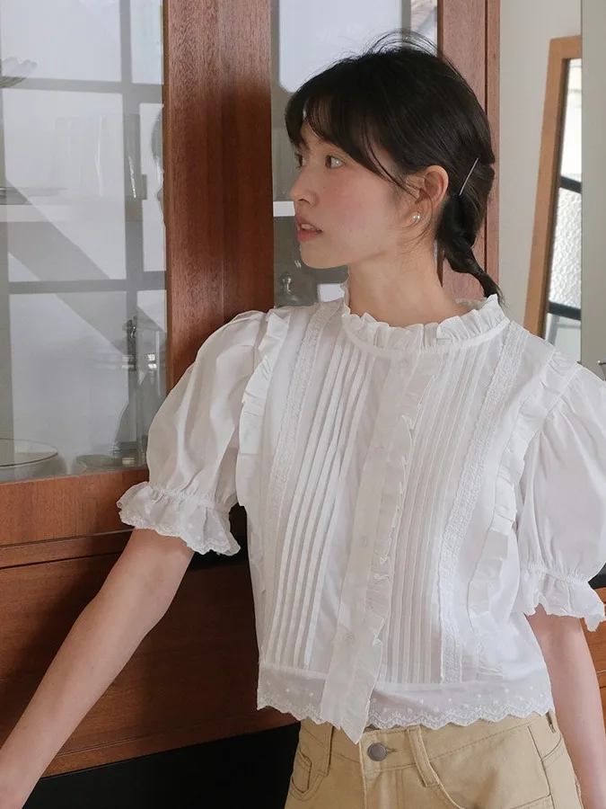 

Chic Sweet White Shirt Women's Fashionable Stand Collar Pleated Bubble Short Sleeve Korean Style Loose Fit Breathable Cotton Top