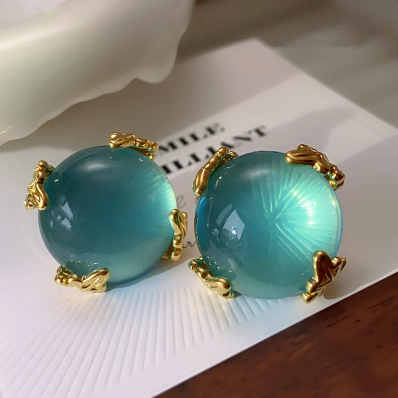 Vintage Stud Earrings 925 Silver Needle Retro Peacock Blue Glazed Round Stone Niche Design luxury Medieval Earrings for Women