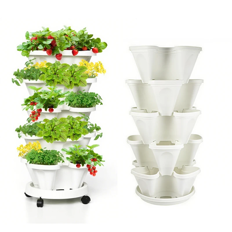 5 Tiered Stacking Self Watering Plant Pot Garden Stand Planter Plastic Stackable Vertical Gardening Strawberry Planter