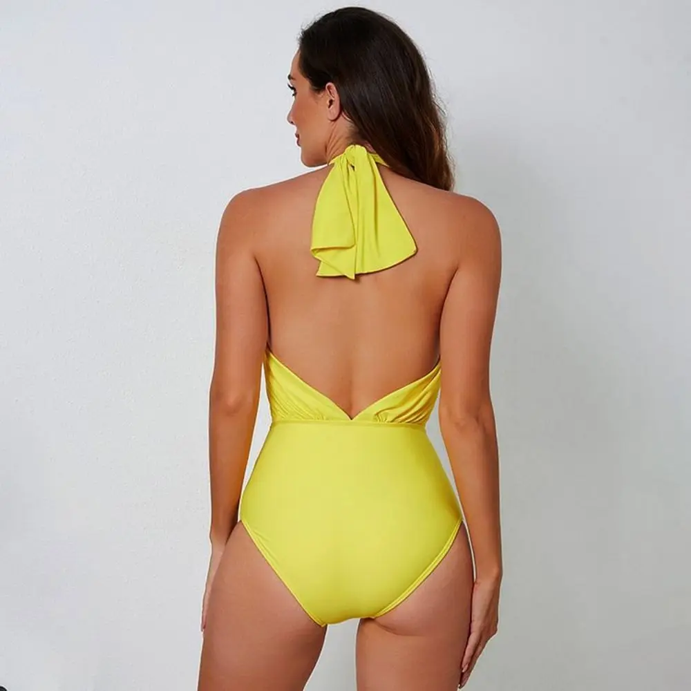 Vestido de bikini con cuello Halter amarillo brillante, espalda cruzada, estampado vintage, vestido cruzado a la cadera, ropa de playa, traje de