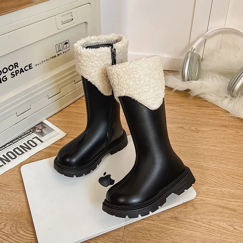 2025 New Autumn Winter Girls' Knee High Leather Boots Black Fleece Lined Kids Wool Plush Long Boots