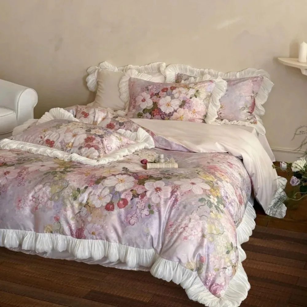 French Retro Countryside Pastoral Full Cotton Four Piece Set Princess Style Lace Duvet Cover Bed Sheet Pillowcases Bedding Set