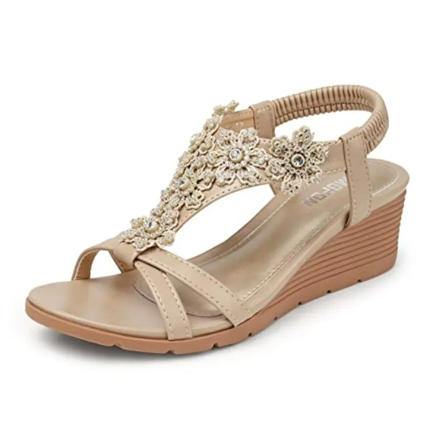 

TEMOFON Women's Low Wedge Heels Summer Dressy Platform Sandals Elastic Ankle Strap Open Toe Flower Shoes