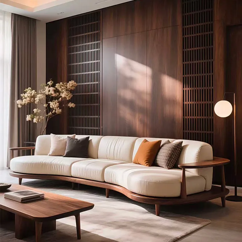 #New Chinese Style Solid Wood Sofa Combination North American Black Walnut Villa Large Living Room Curved Leather Sofa