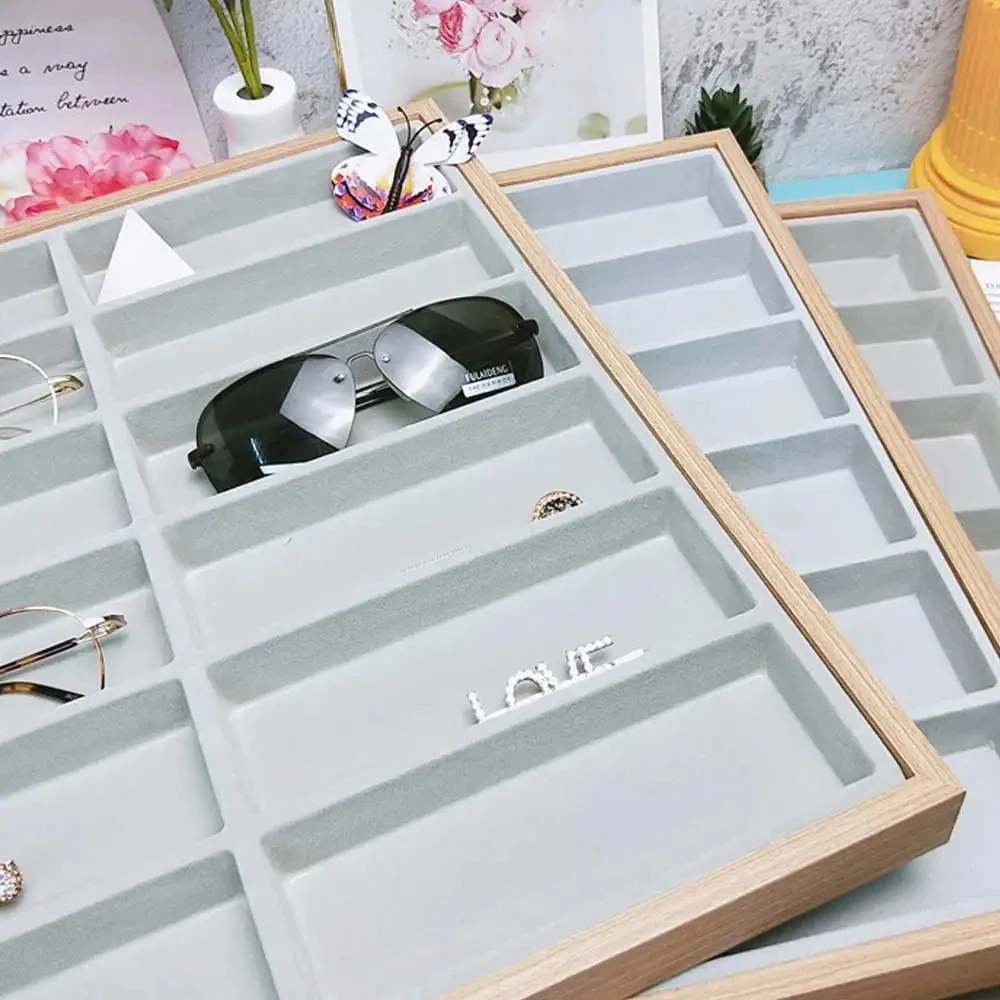 Neue 12 Gitter Walnuss Holz Brille Lager regal Sonnenbrille Display Tablett Samt Brillen Brillen Lagerung Organizer Boxen – Detail 3