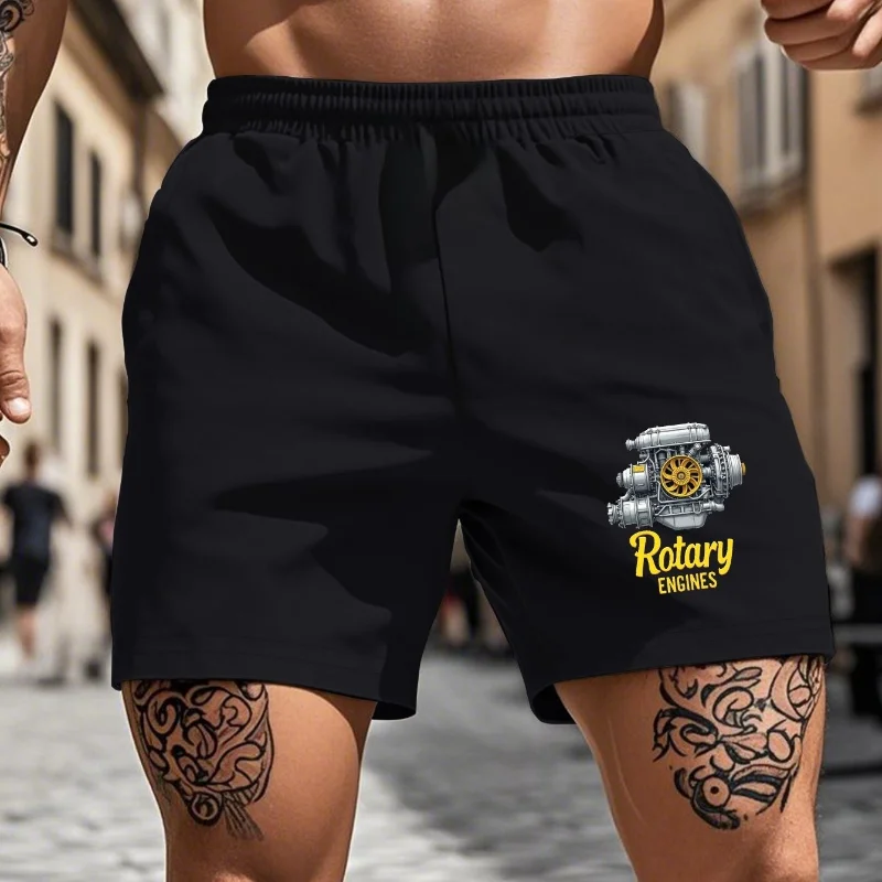

Men's Automotive Engineering Pattern Shorts - Black Mechanical Design Casual Pants Suitable for Car Fans and Outdoor Activities