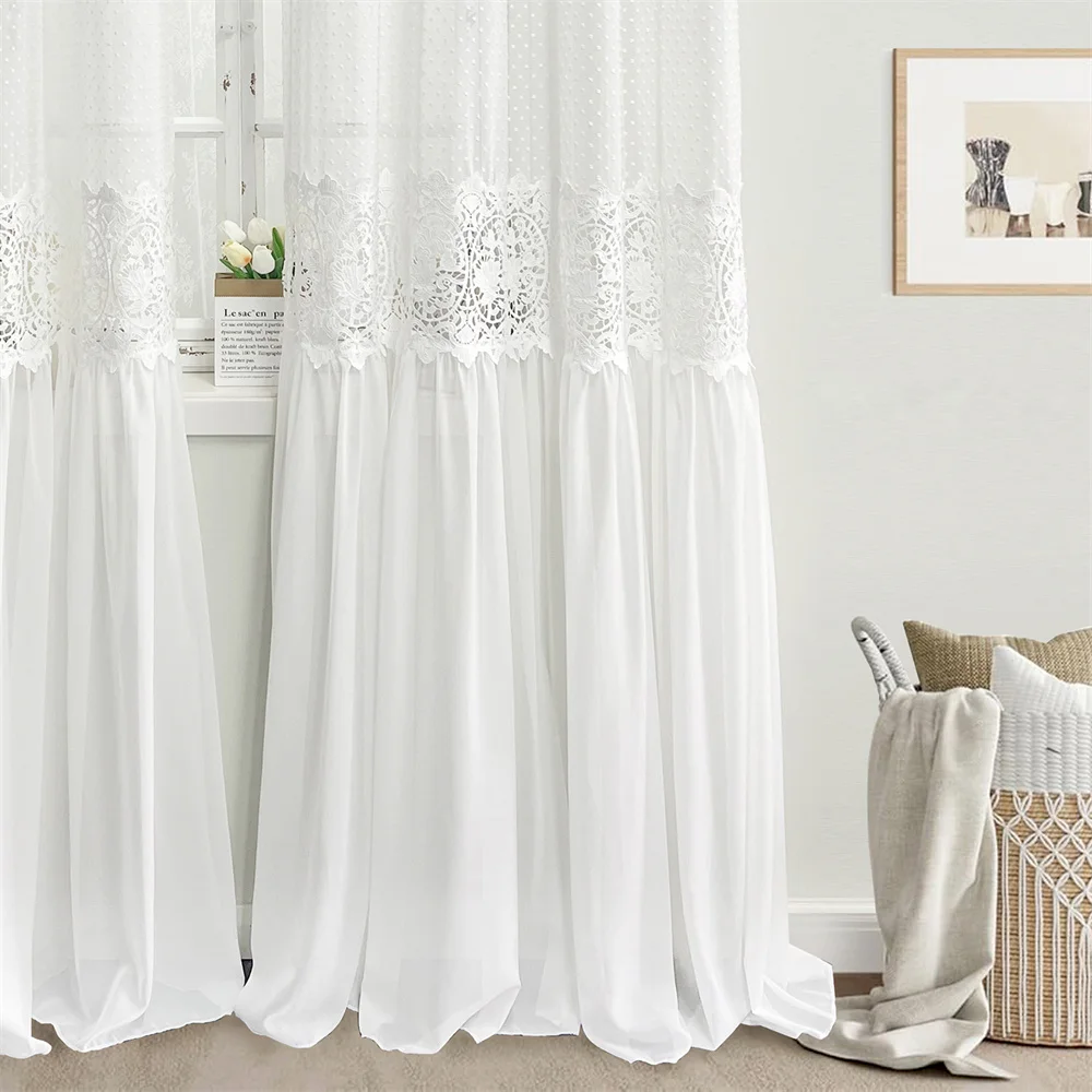Romantic Sheer Curtain Drapes Vintage Hollow Lace Flower Luxury Light-Filtering Window Panels for Bedroom Living Room Ring Top