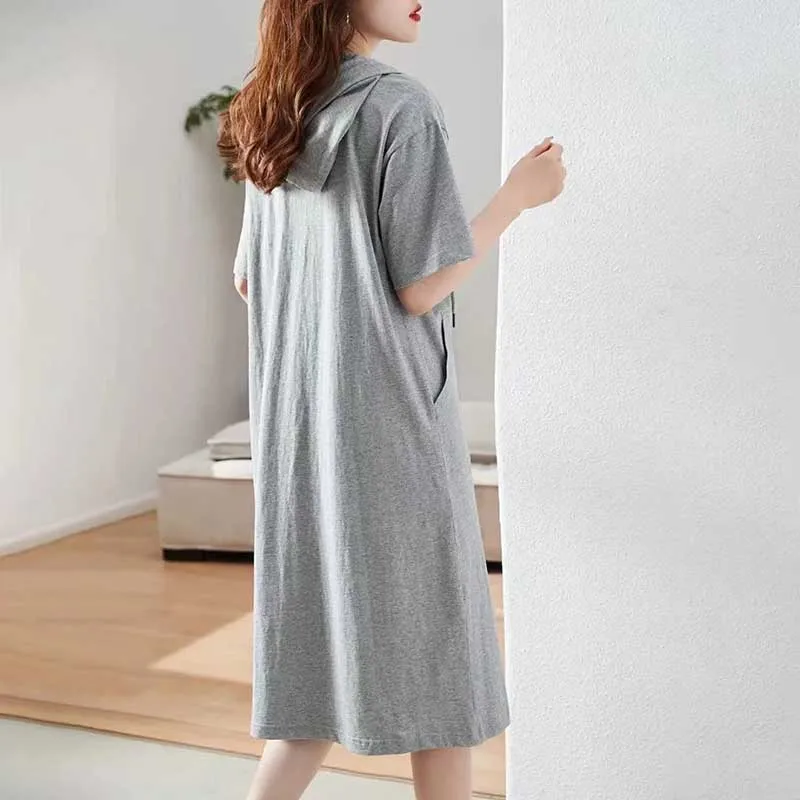 Fashion Solid Color Pockets Short Sleeve Lace Up Hooded Casual Dresses Female Clothing 2024 Spring New Loose Korean Midi Dress