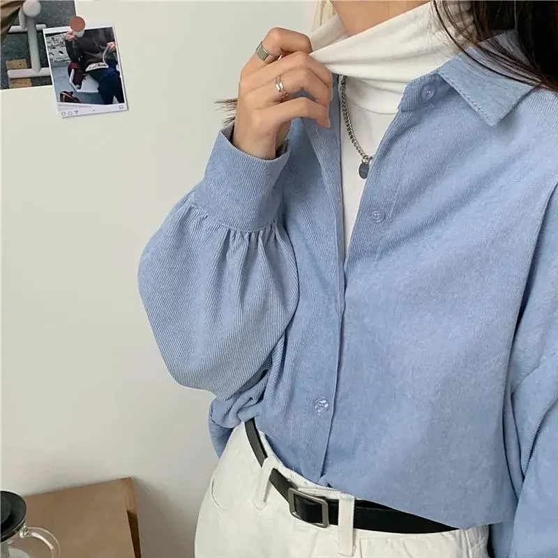 Rimocy Chic Blue Corduroy Shirts Women 2023 Autumn Simple Long Sleeve Loose Blouses Woman Turn Down Collar Solid Color Shirt