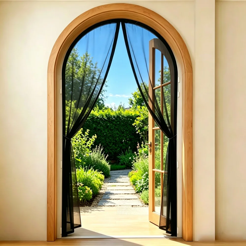Arched Magnetic Screen Door,Curved Round Fiberglass Invisible Mesh,Custom Size Auto Close Insect Proof Mosquito Net Curtain