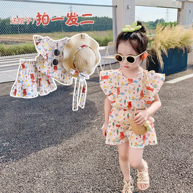 

Girls' Summer Outfit Set with Ruffled Top+Two-piece Shorts Set with Hat, Dropshipping Available