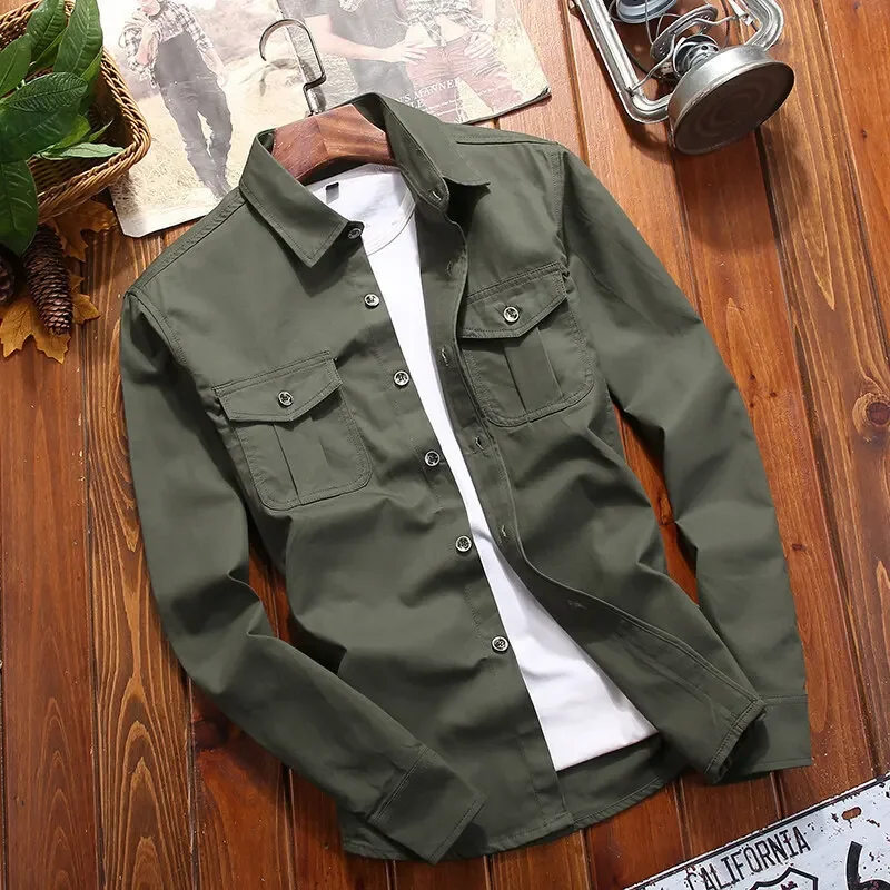 Long Sleeve Cotton Shirt For Men Casual Fashionable Spring Autumn Military Green Versatile Slim Fit Denim Military Uniform