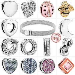 925 Sterling Silver Lucky Beads Pavé Heart Moon Bee Leaves Round Clip Charm Fit originale Pandora Reflexions bracciale gioielli fai da te