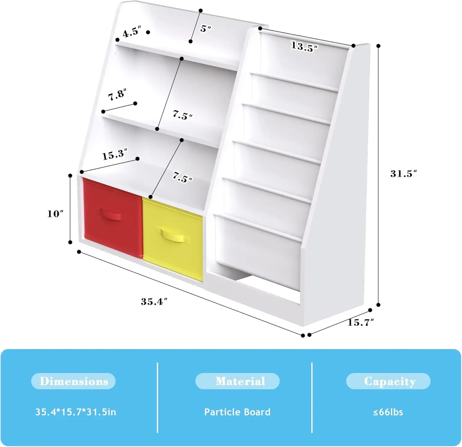 Estante de madeira, estante infantil de 5 camadas com 2 gavetas, rack de armazenamento para livros, armário organizador de brinquedos para livros, para quarto de crianças, playr