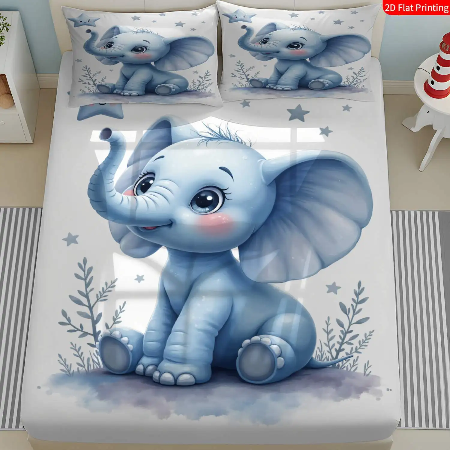 Christmas 2D Digital Print Three-Piece Bedding Set (includes 1 fitted sheet + 2 pillowcases) Mattress Protector, Fitted Sheet Style with Elastic Band, Protective Cover, Mattress Protector, Fitted Sheet Style Bedding, Cute Cartoon Elephant Bedding
