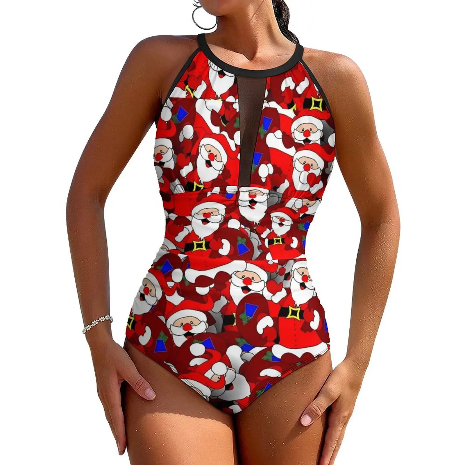 Christmas Swimsuit Sexy Santa Claus Women Swimwear One-Piece Sweet Swimsuits Holiday Swim Push Up Mesh Bathing Suit