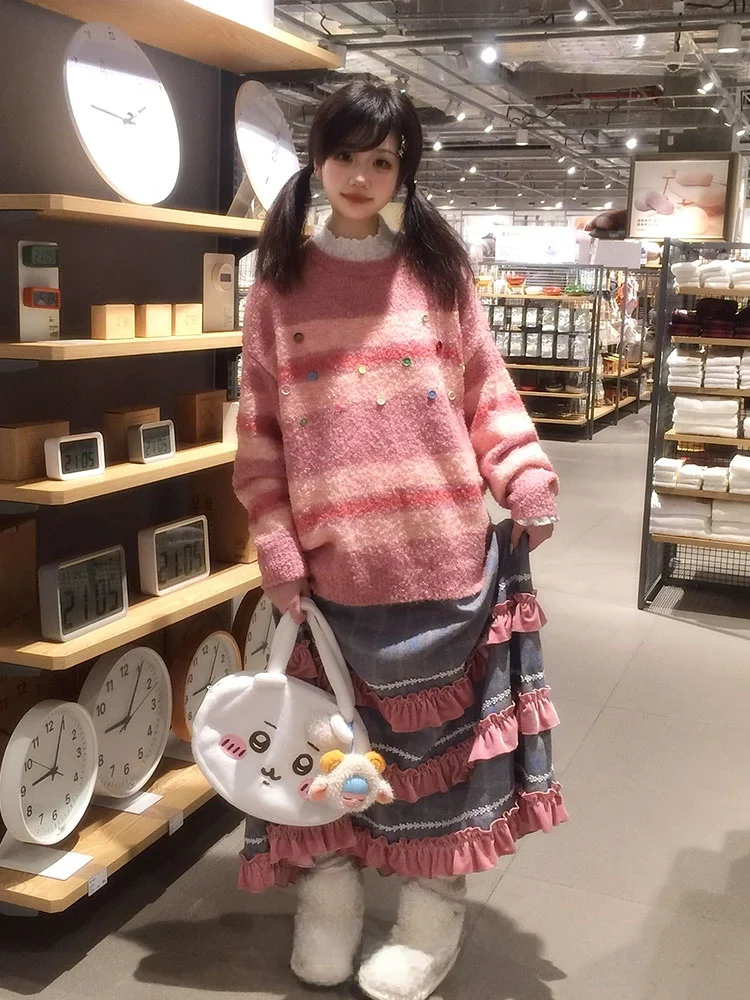 American College Sle-suéter de punto holgado informal para mujer, talla pequeña, Color a rayas, cálido, largo, Sve