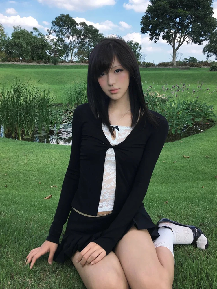 Tonngirls Y2k Japanisches T-Shirt für Damen, langärmelig, mit Patchwork und Spitze, kurzes Oberteil, Streetwear, Vintage- und Grunge-Oberteile, ästhetisches T-Shirt im Stil der 2000er Jahre. – Detail 4