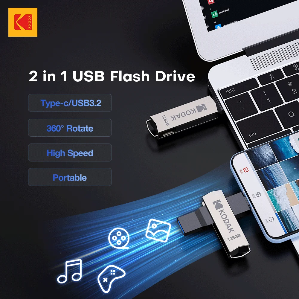 KODAK K273 Type-C USB3.2 Rotable USB Pen Drive 32GB 64GB 128GB 256GB Mobile Computer USB Flash Pen Drive