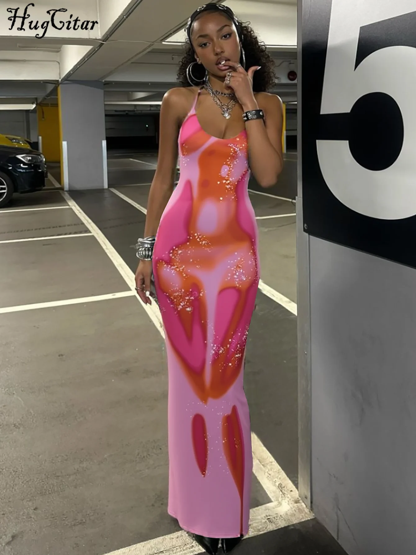 Hugcitar 2025 Spring Halter Print Halter Backless Bandage Belt Sexy Bodycon Maxi Dress Women Fashion Outfits Streetwear Festival