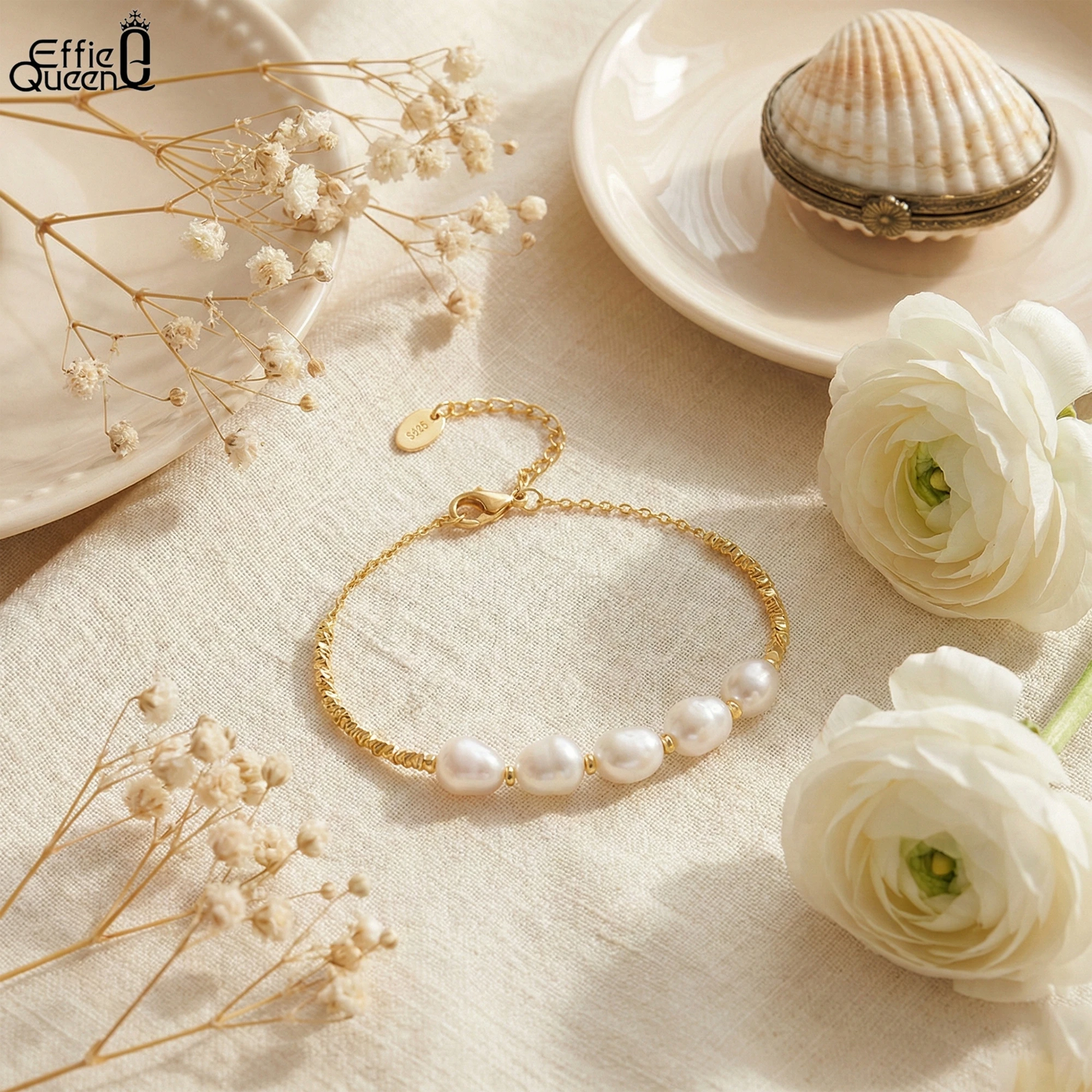 EFFIE QUEEN 925 Pure Silver 14k Gold Baroque Pearl Nugget Chain Bracelet Natural Jewelry for Women Wedding Party Banquet GPB38