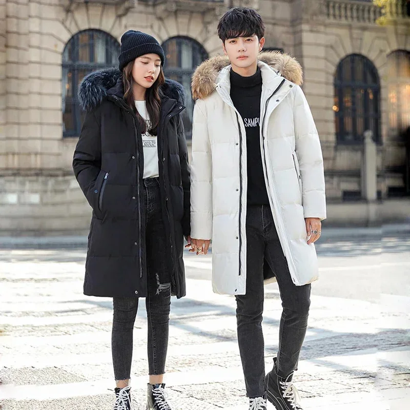 Couple Down Jacket Men Thicken Winter Clothes Women Hooded With Real Fur Collar Long Coat Puffer Man Coats