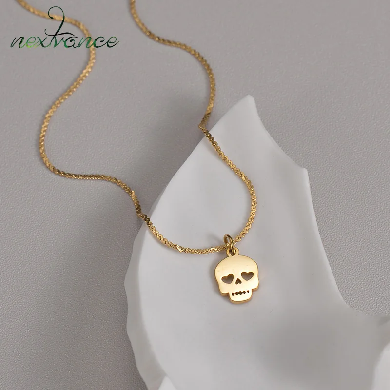 Nextvance Punk Skull Necklace 14K Gold Color Stainless Steel Simple Trendy Pendant Choker For Women Men Birthday Jewelry Gift