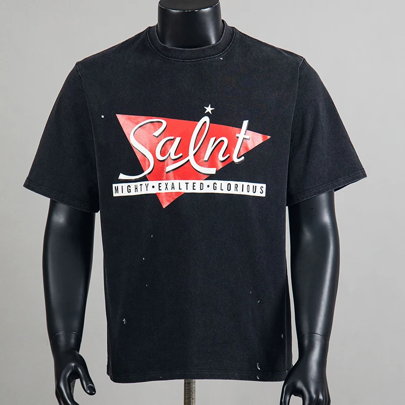 26SS Saint Short Sleeve Inverted Triangle Print Pattern Round Neck Loose Fit Washed Distressed Short Sleeve T-Shirt Men Women