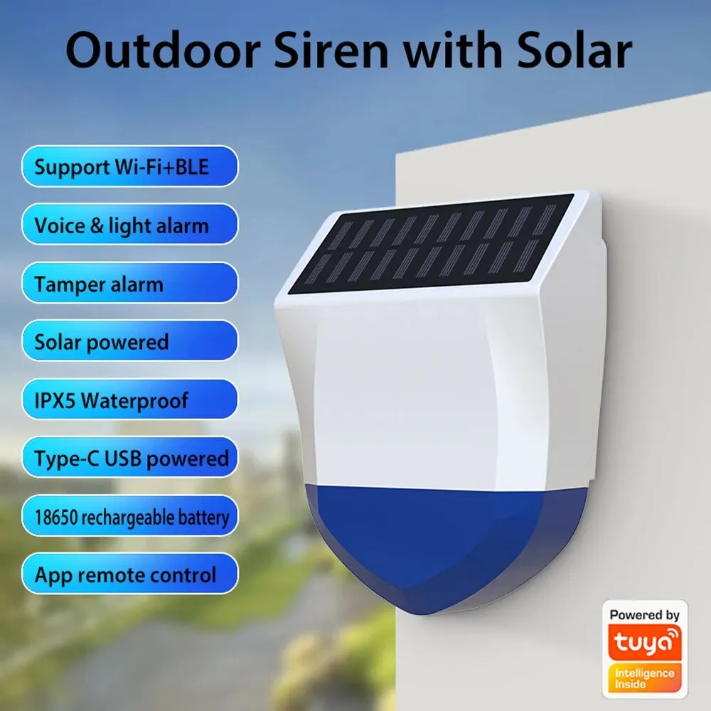 Sirène Wi-Fi Extérieure étanche 95dB – Panneau Solaire + USB, Compatible Tuya