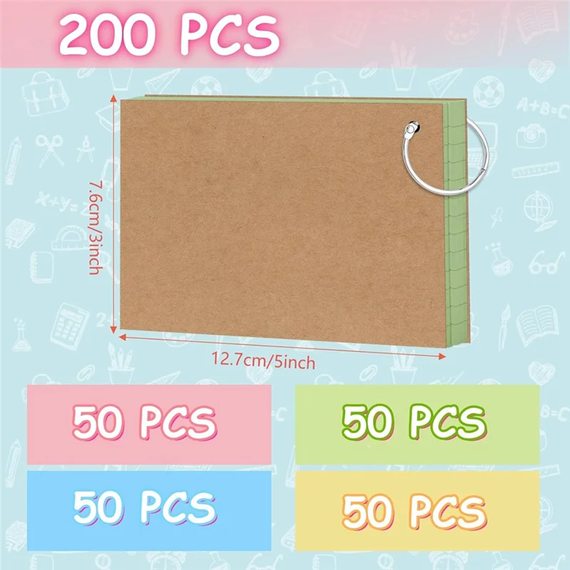Ruled Index Cards 3X5 Inch Flash Cards Colored With Ring Lined Note Paper 200 Count For School Supplies
