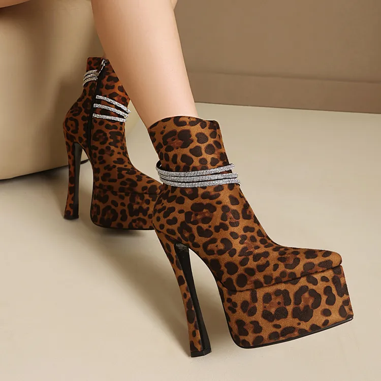 Pointed Toe Platform Ankle Boots Women Rhinestone Wrapped Strap Stiletto Heel Boots Side Zipper Nightclub Party Short Shoes