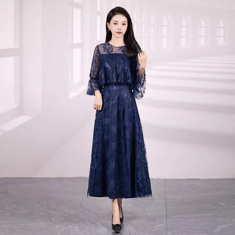 

2025 Spring and Summer Dress, Women's Lace Style, Slim and Elegant Bridesmaid Dress, Banquet Party Mesh Long Dress