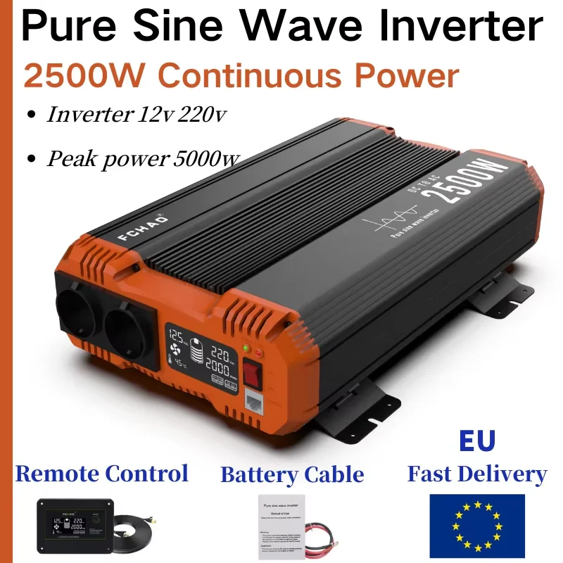 FCHAO 2500W Zuivere Sinusgolf Auto-omvormer - Converter 12V naar 220V 50Hz, EU-stekker voor thuis- en campergebruik met afstandsbediening en displaypaneel