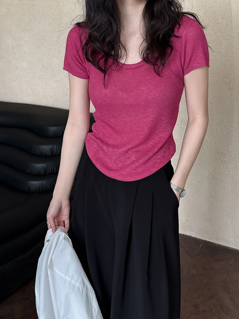 2025 Women Summer U-Neck T Shirts Pure Color Short Sleeve Slim Candy Color Tees Summer Tops For Women Clothes