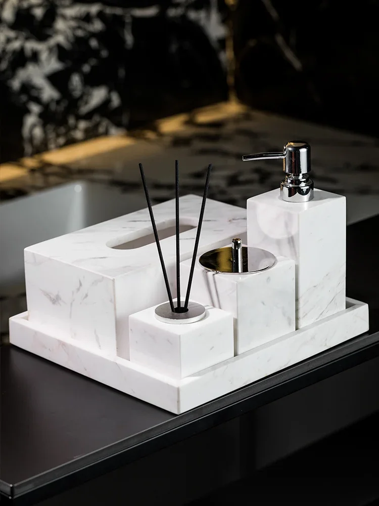 Volakos White Natural Marble Bathroom Accessories Soap Dish Soap Dispenser Reed Diffuser Tray Bathroom Set