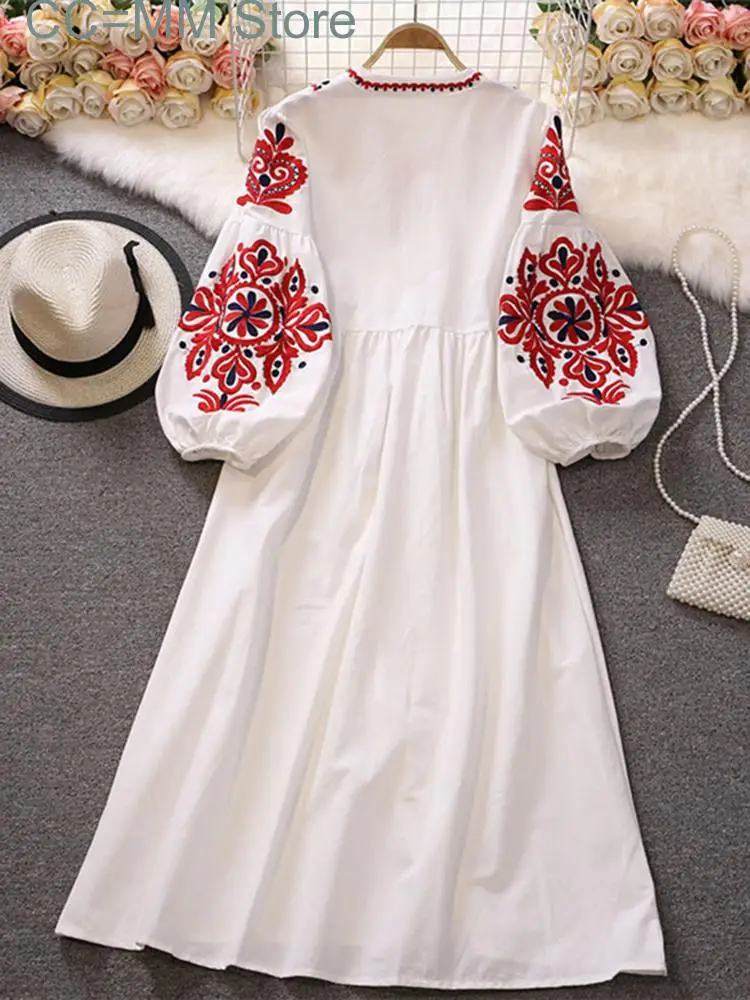 New Sweet Style Women Nice Foreve Dress Embroidery O-neck Bandage Long-sleeve White Dresses Womens Spring Summer