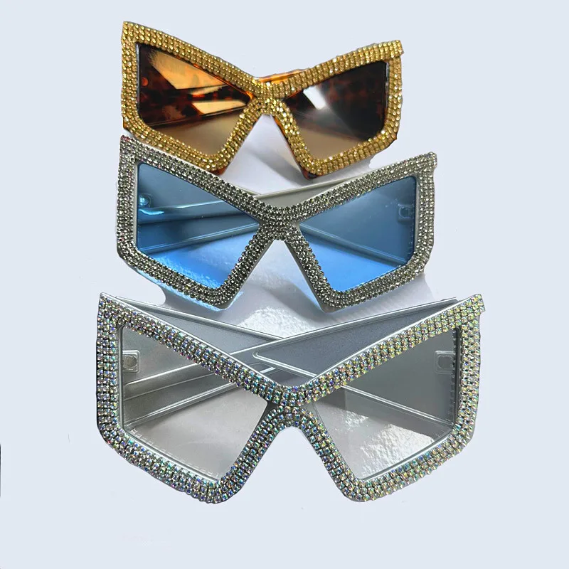 Diamant Quadrat Sonnenbrille Frauen Luxus Strass Großen Rahmen Sonnenbrille Weibliche Outdoor UV Schutz Kristall Damen Brillen – Detail 1