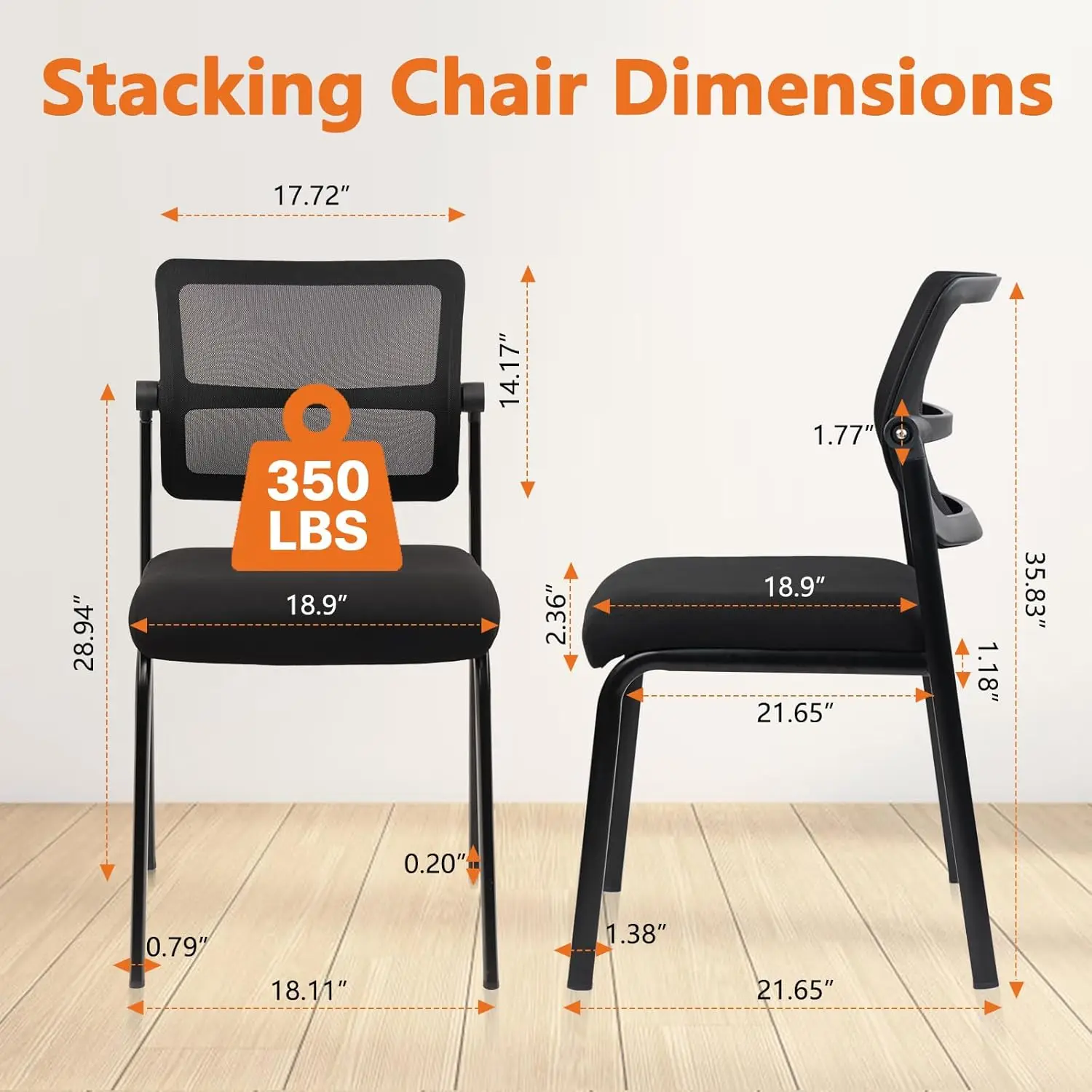 Stacking Armless Office Chair With Adjustable Backrest, Stackable Mesh Guest Reception Desk Chairs With Ergonomic Lumbar Support