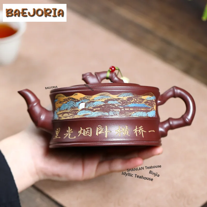 

350ml Authentic Yixing Purple Clay Teapots Handmade Bamboo Section Pot Raw Ore Stone Red Mud Tea Maker Kettle Zisha Tea Set Gift